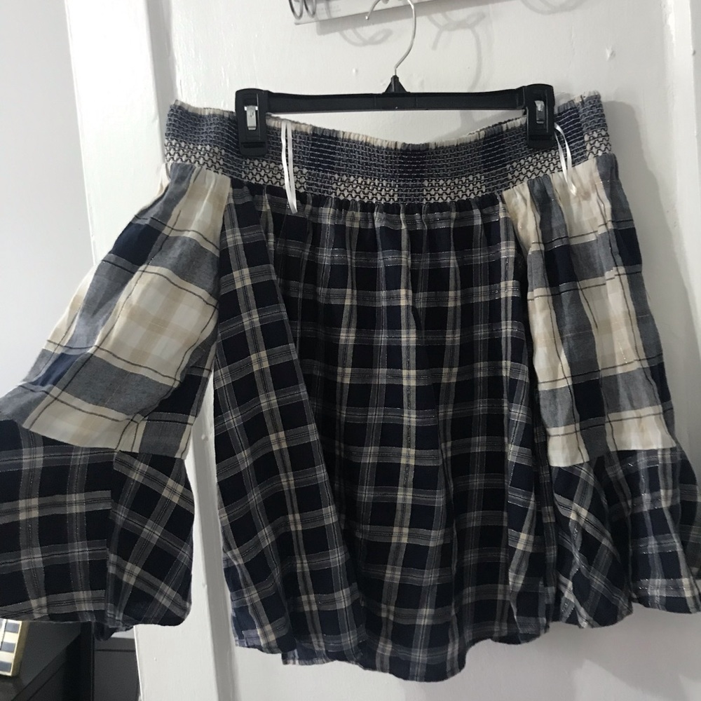 LOFT plaid off the shoulder top NWT